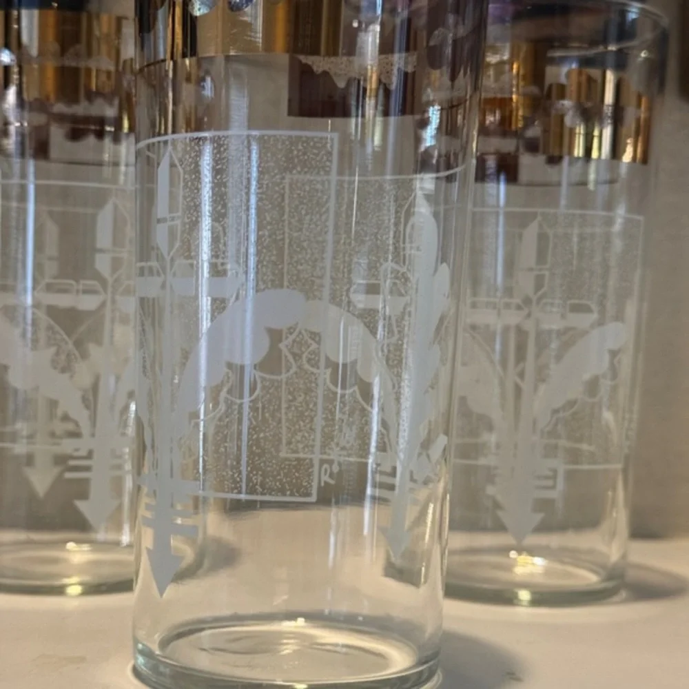Bartlett & Collins MCM 22K Gold Leaf Highball Glasses, Signed 